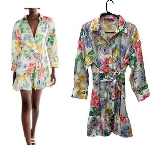 Zara Floral Satin Mini Shirt Dress Size L | Belted Button Front Spring Summer
